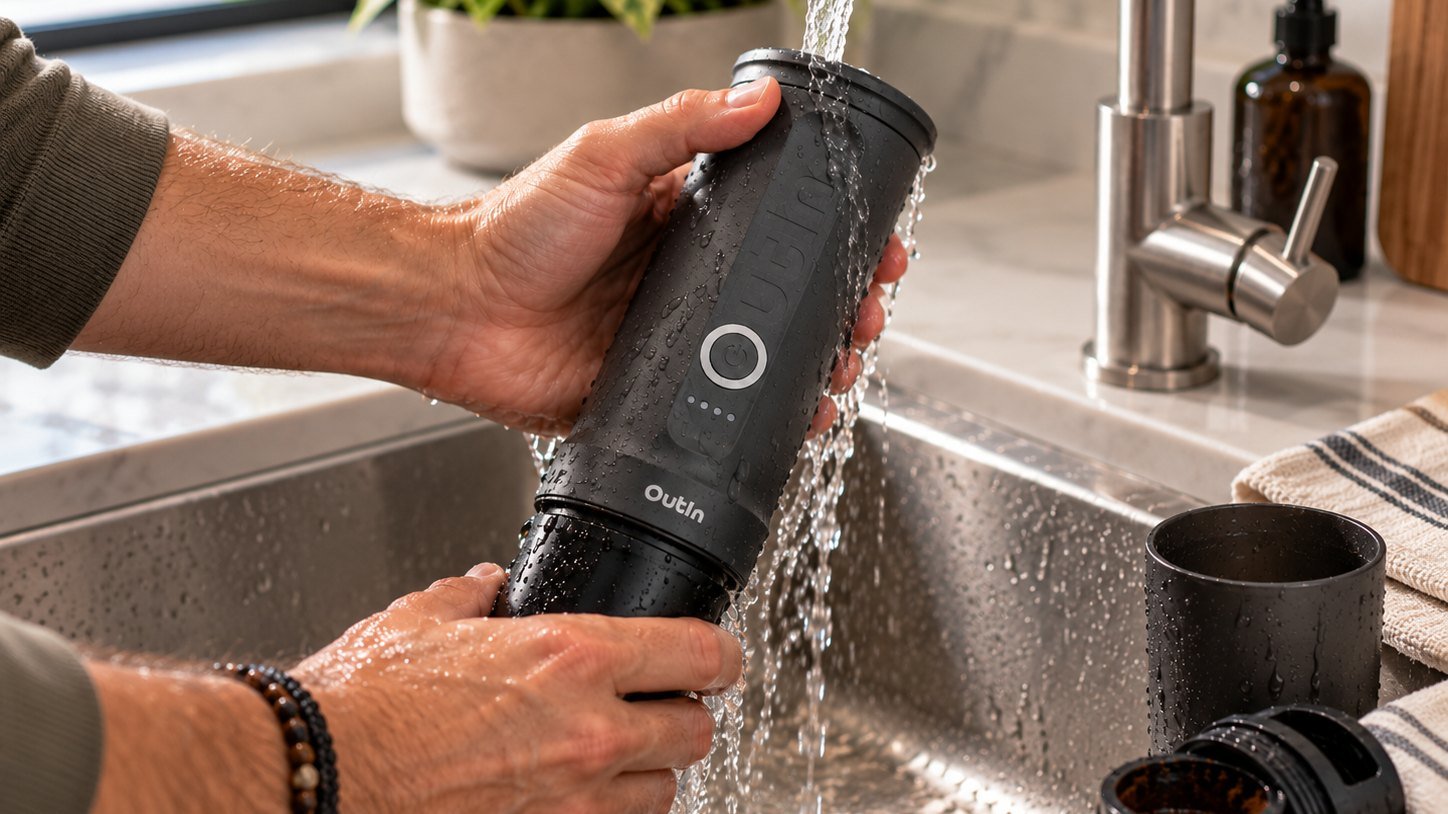 Hands rinsing a black OutIn Nano 2 portable espresso maker at a kitchen sink, its cup and coffee basket beside it