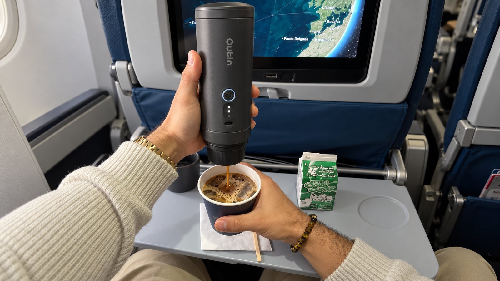 Hands holding an OutIn Nano 2 portable espresso maker over a paper cup on an airplane tray table, a flight map on the seatback screen
